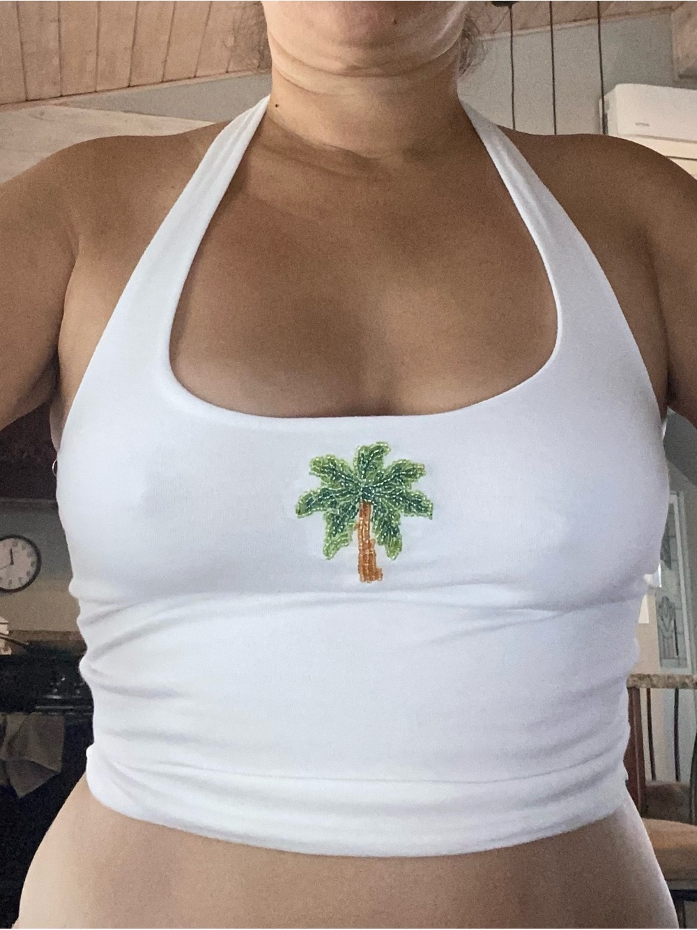 White Halter Crop Top with Green Palm Embroidery